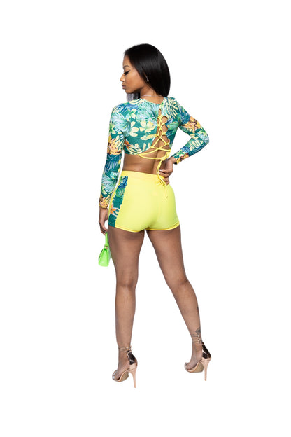 Yellow-Green 2 Piece Shorts Swimsuit